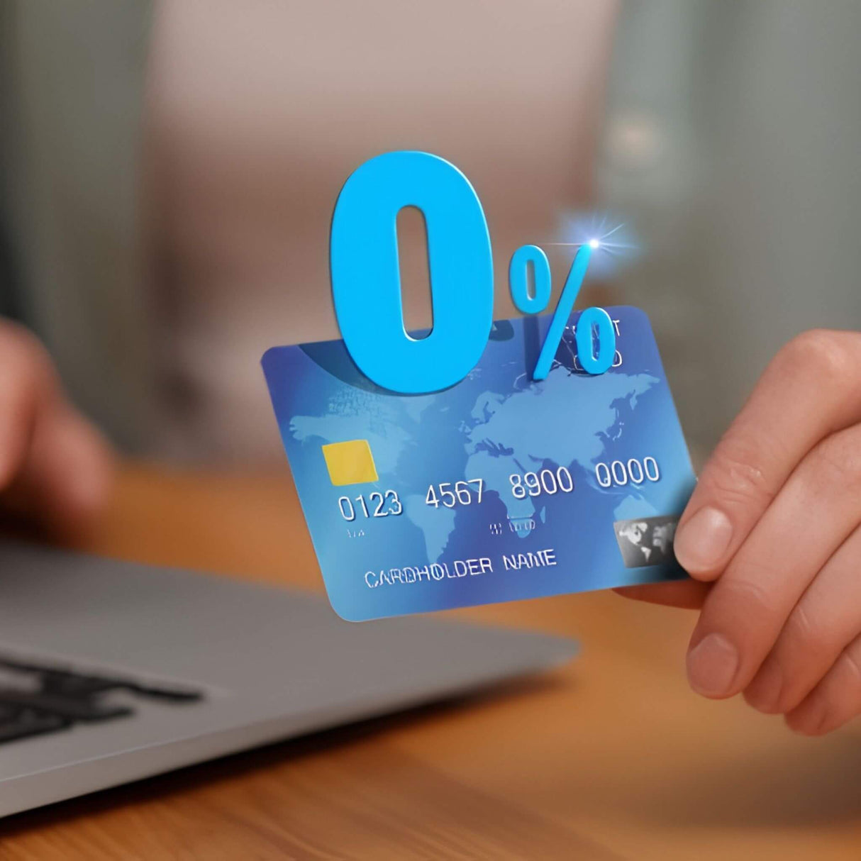 Credit card with a blue '0%' sign held by hands in front of a laptop on a wooden table.