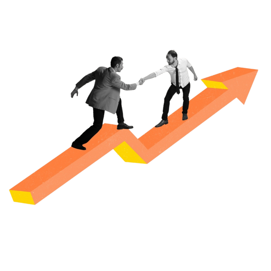 Two people shaking hands on an orange and yellow arrow graphic, symbolizing cooperation or partnership.