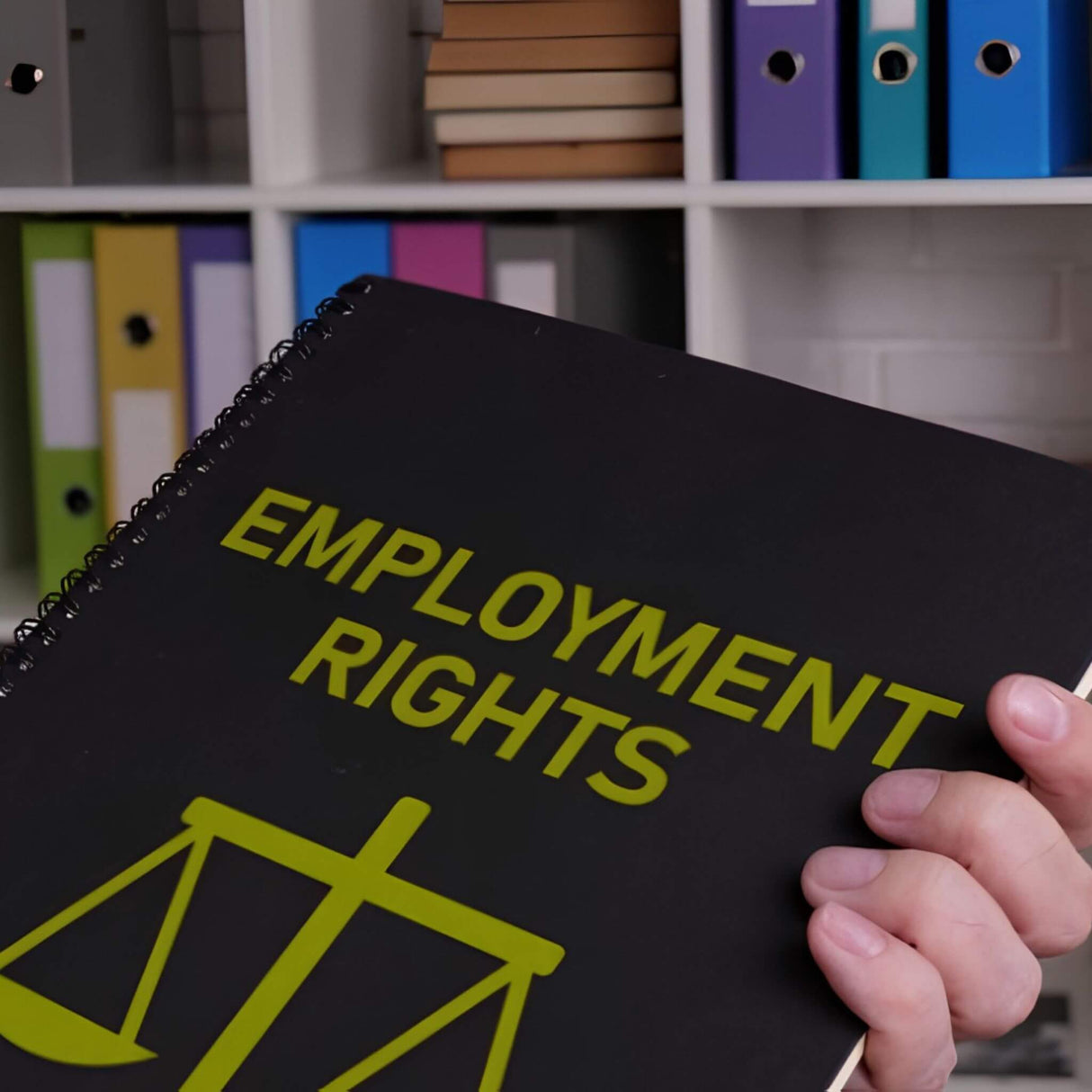 Person holding a book titled 'Employment Rights' with a shelf of binders in the background.