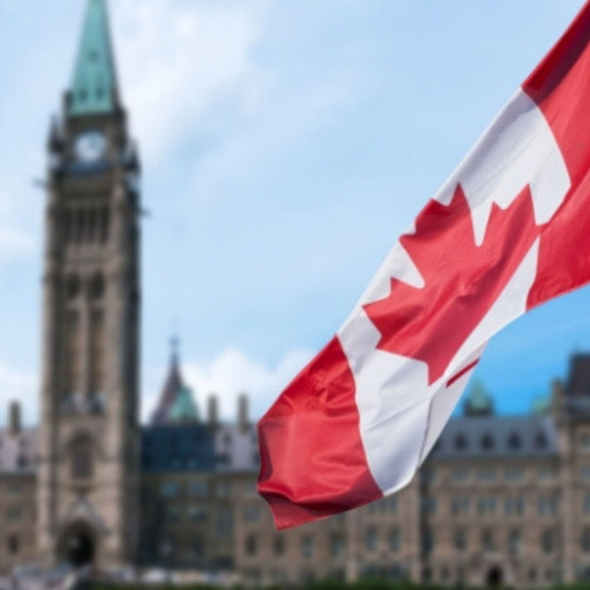 Canadian flag with parliament in the background