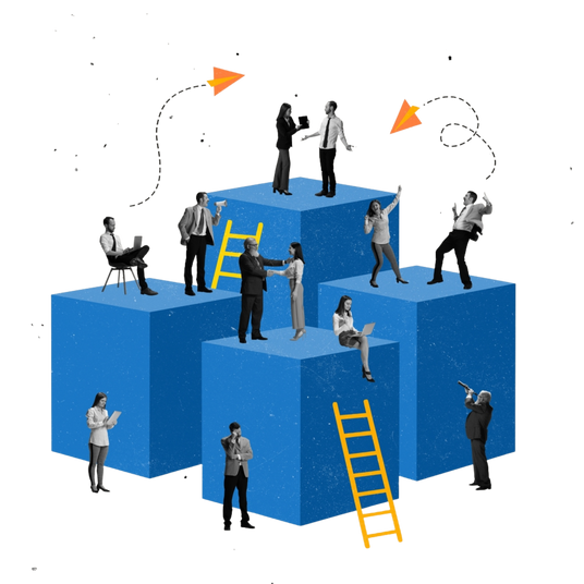 Abstract illustration of people on blue cubes with ladders and arrows, symbolizing teamwork, diversity and collaboration.