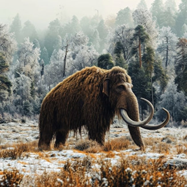 Woolly mammoth standing in a snowy forest