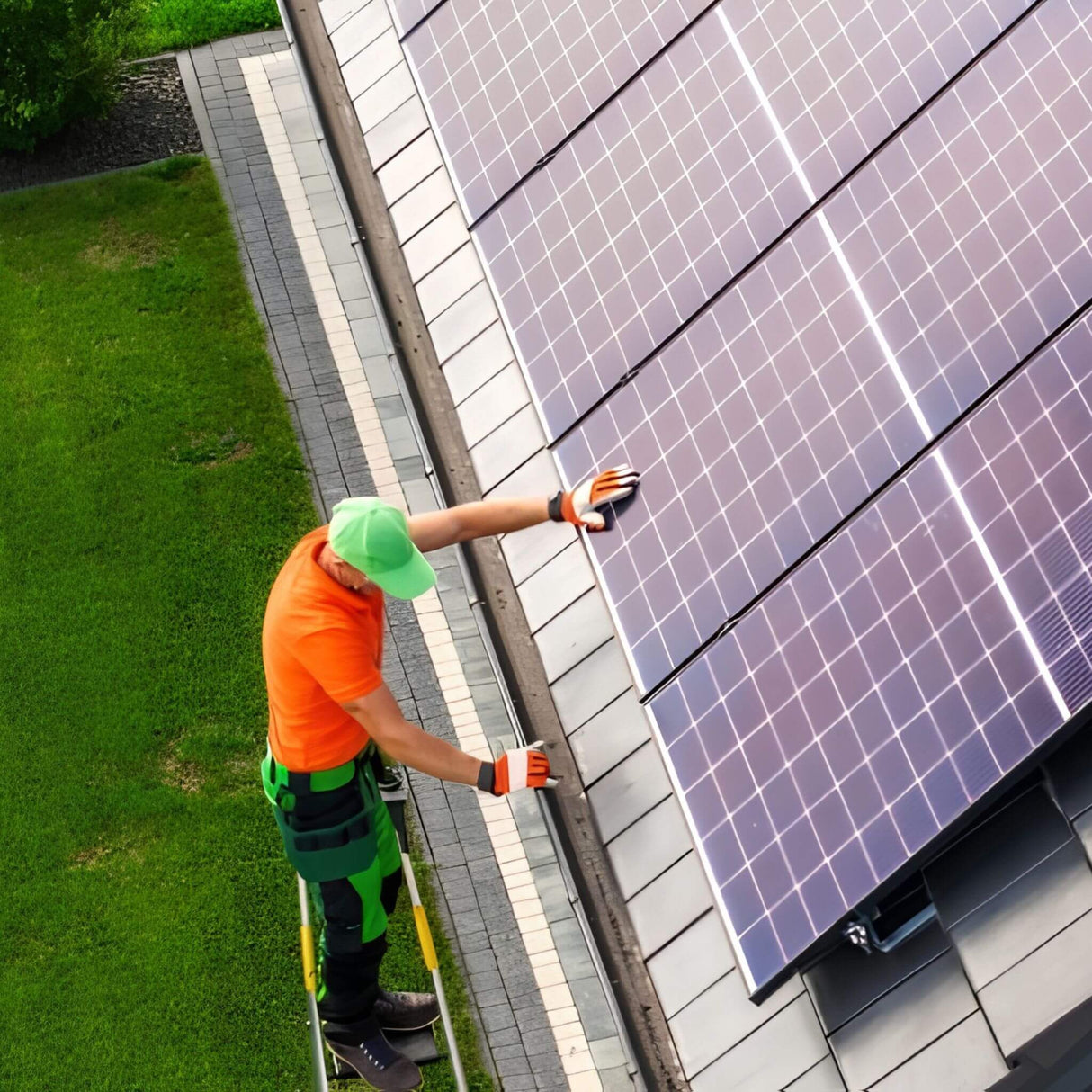 Person installing solar panels on a roof
