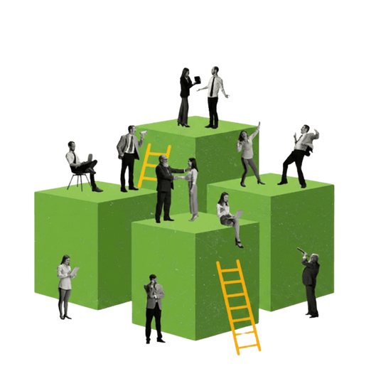 A stylized illustration of several grayscale people standing and sitting on bright green cube platforms, with two yellow ladders, against a solid black background.