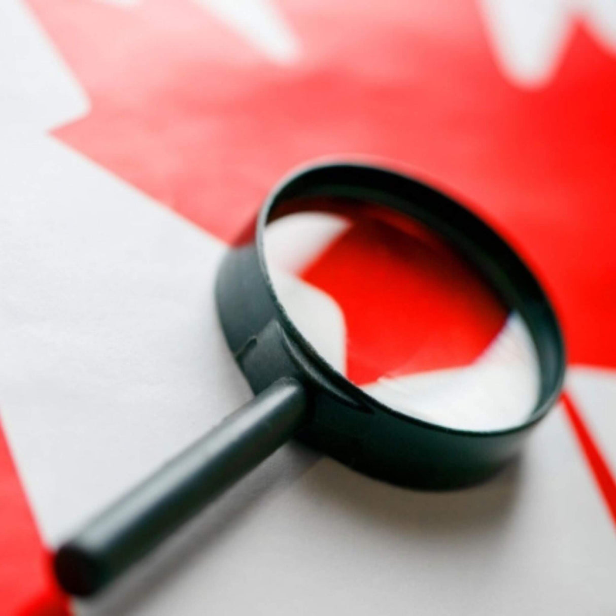 Magnifying glass over a red and white circular object with a blurred background