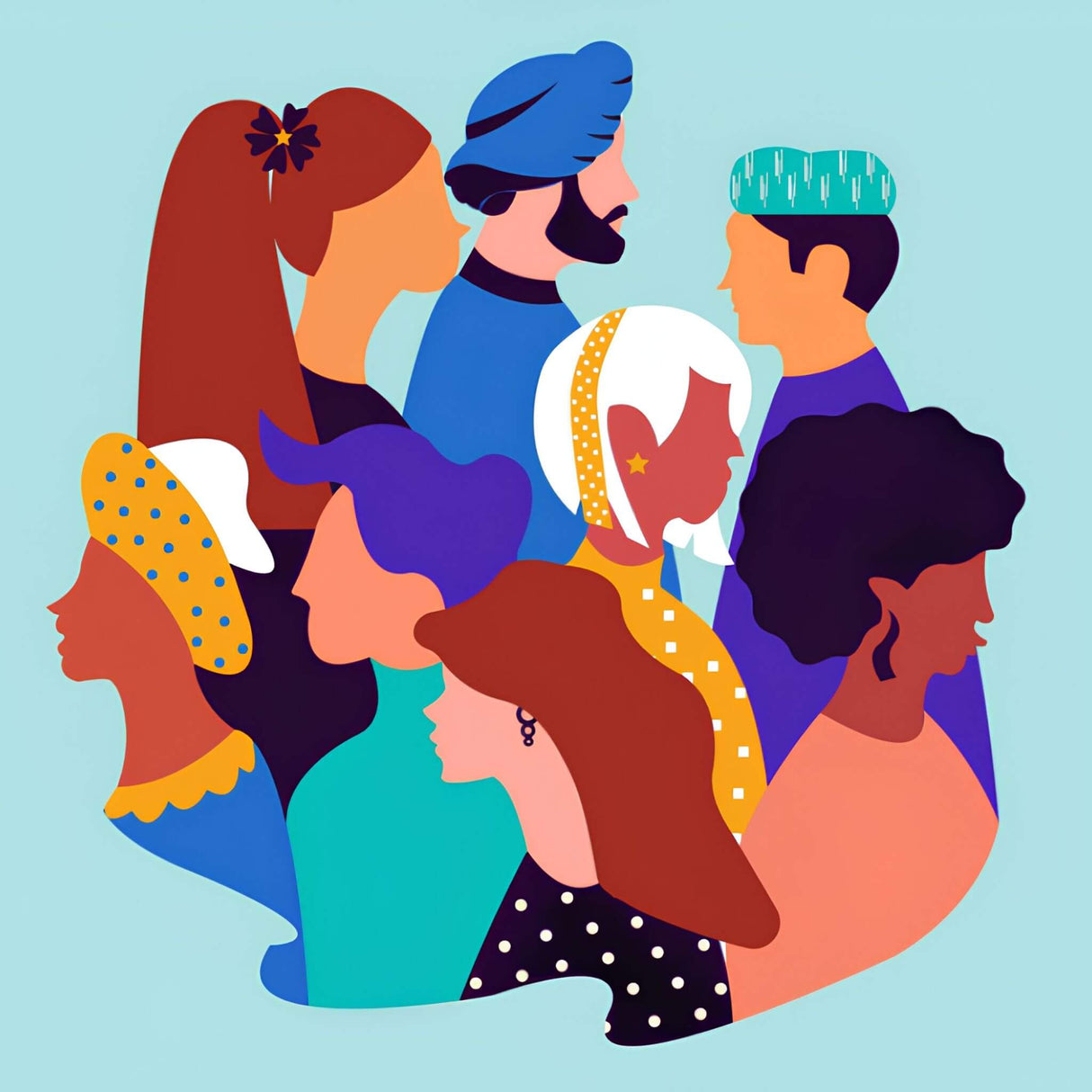 Illustration of diverse people with headscarves and hats on a light blue background