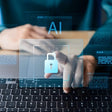 person using a laptop with a digital lock icon and 'AI' text on the screen