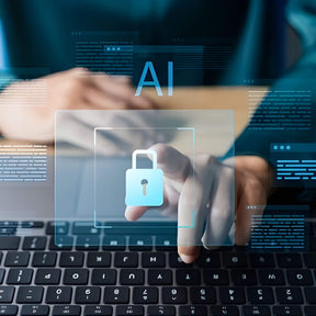 person using a laptop with a digital lock icon and 'AI' text on the screen