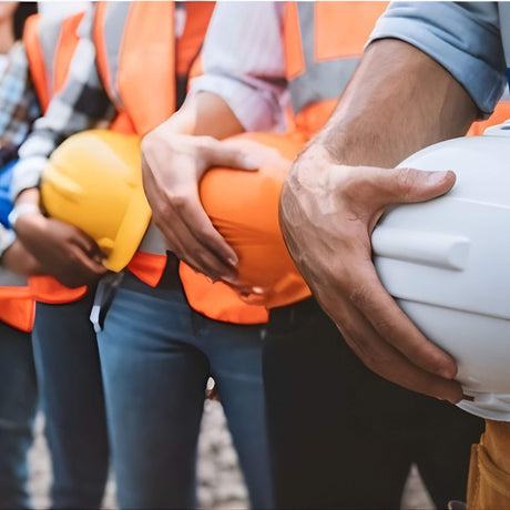 construction workers holding hard hats 