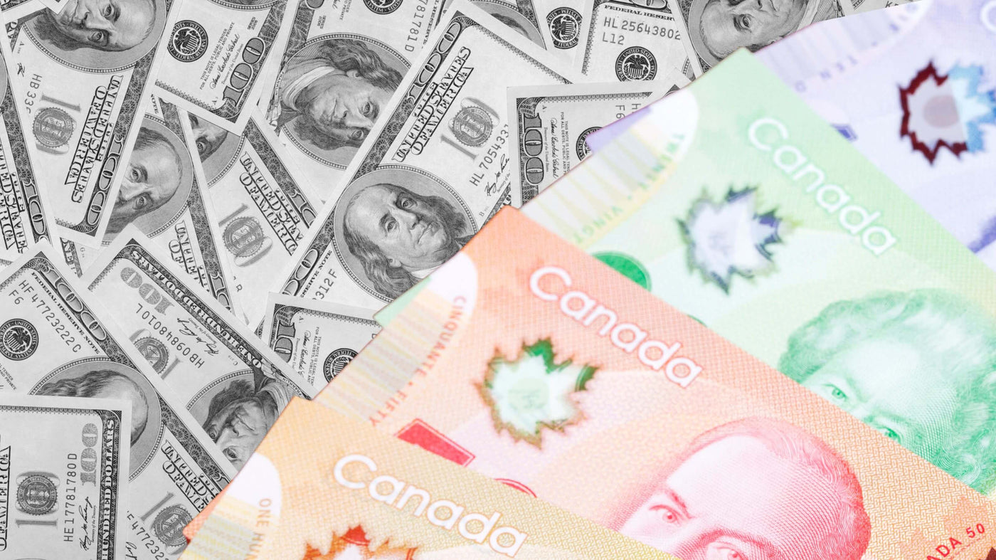 Pattern of dollar bills in purple and yellow tones.