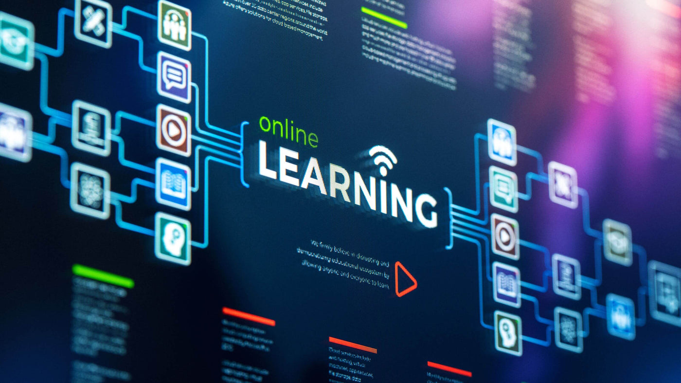 Digital illustration of 'online learning' with network and technology icons on a dark background.