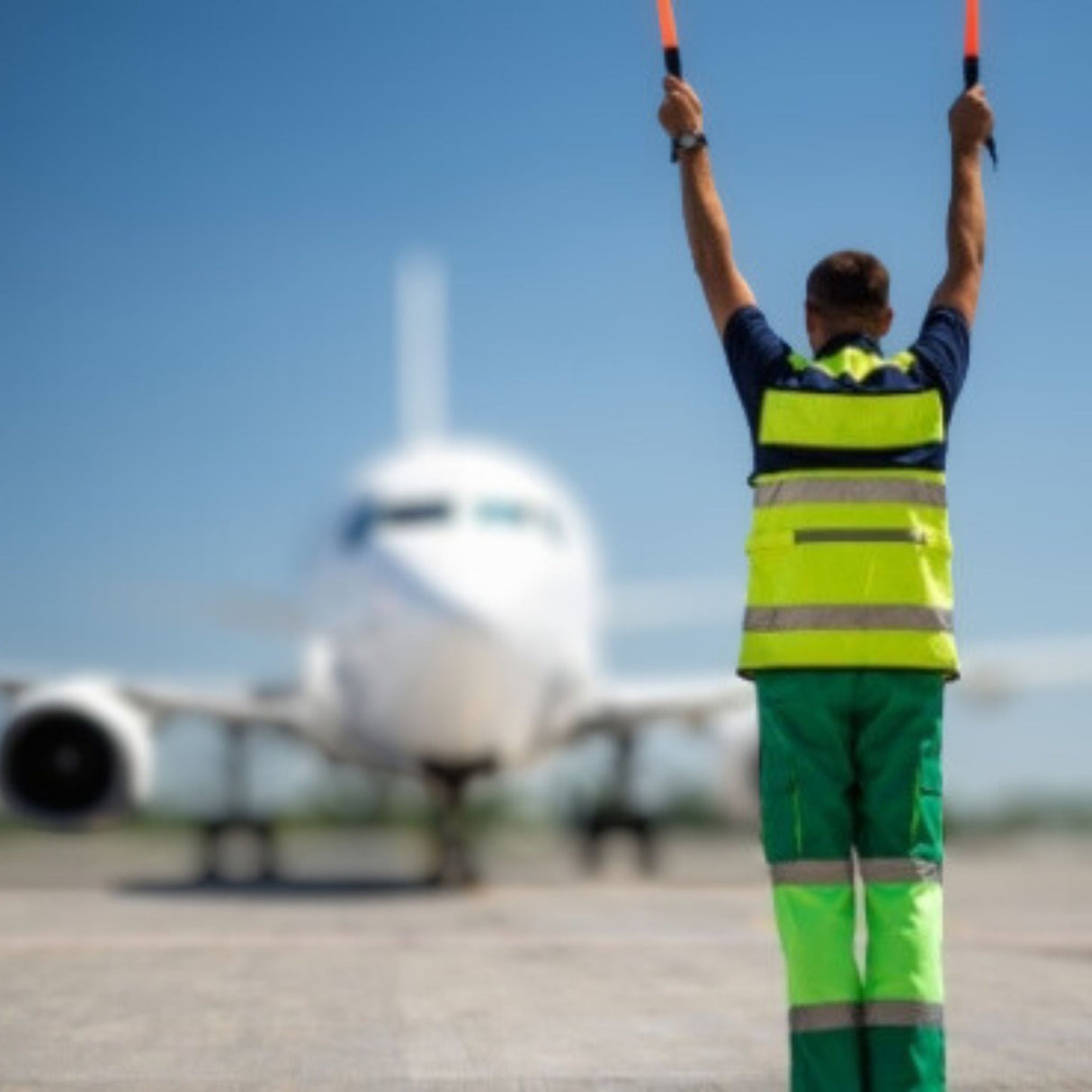 Worker directing an airplane on a runway