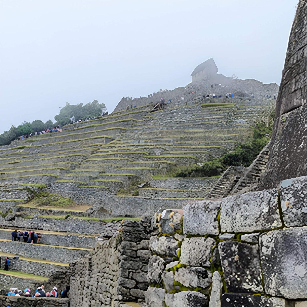 Machu Picchu with stone walls and terraced fields on a foggy day