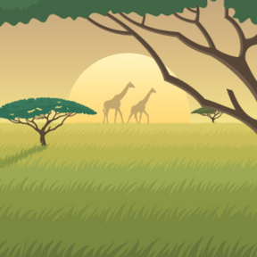 Safari landscape with two giraffes and a tree under a sunset sky.