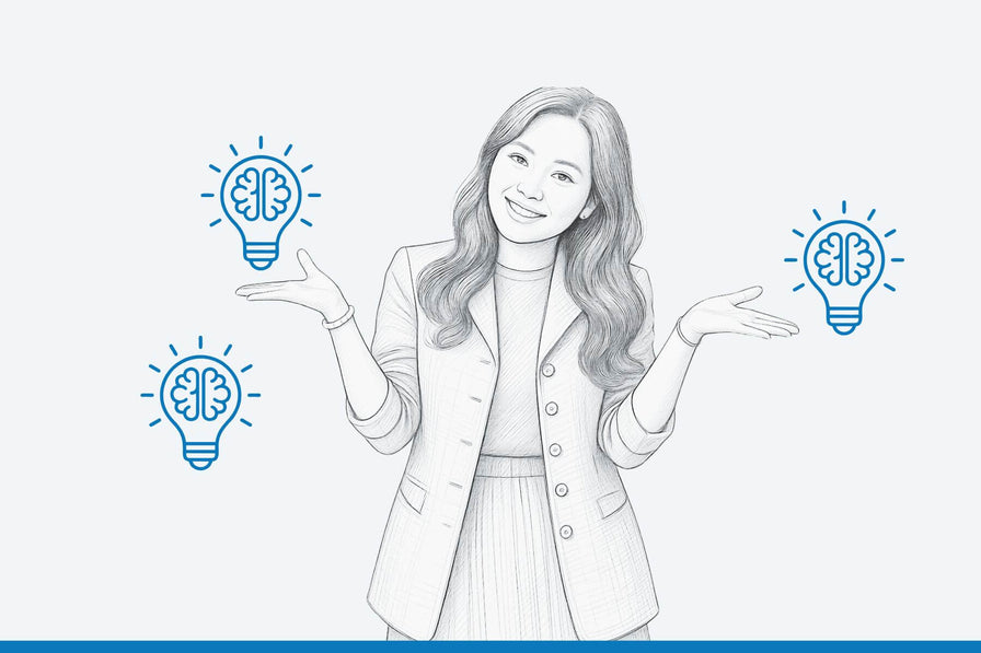 A black and white line art illustration of a smiling woman with long hair, wearing a blazer and dress, with three blue lightbulb icons containing brains floating around her on a light gray background.