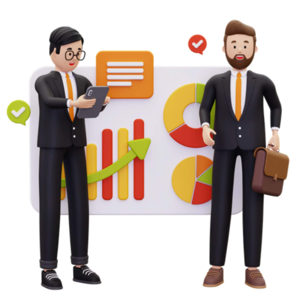 Two business figures with a chart and graphs in the background