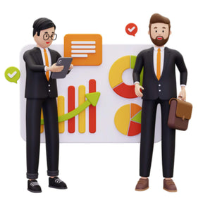 Two business figures with a chart and graphs in the background