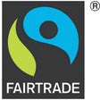 Fairtrade logo with a blue circle and green leaf on a black background
