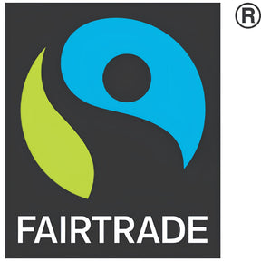 Fairtrade logo with a blue circle and green leaf on a black background