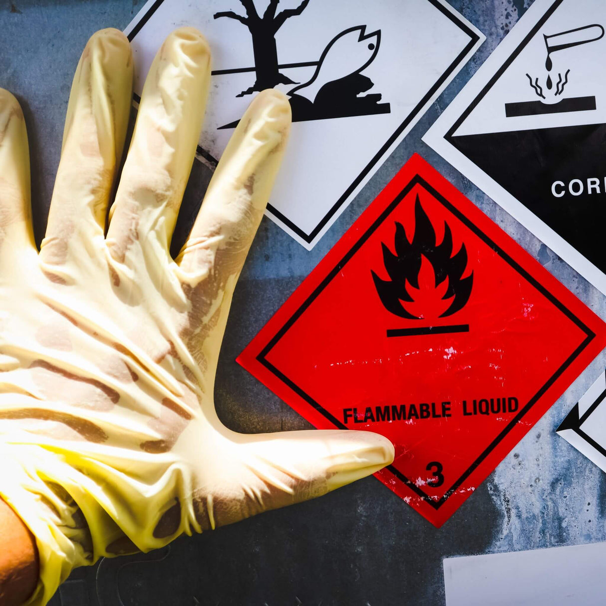 Hand wearing a yellow glove with flammable liquid warning sign