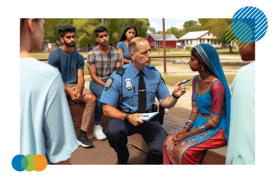 Law enforcement officers participating in cultural awareness role-playing