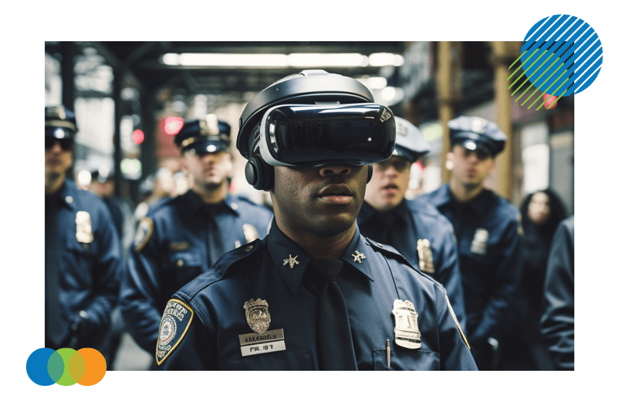 Police officer using virtual reality to learn how to deescalate a group of men
